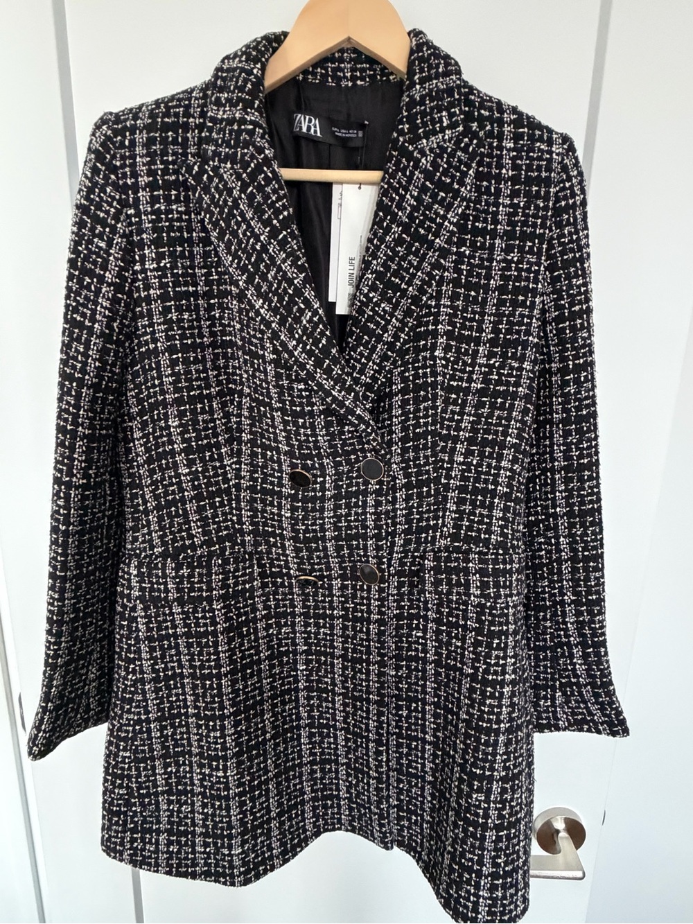 Zara Black & White Tweed Double-Breasted Blazer Jacket